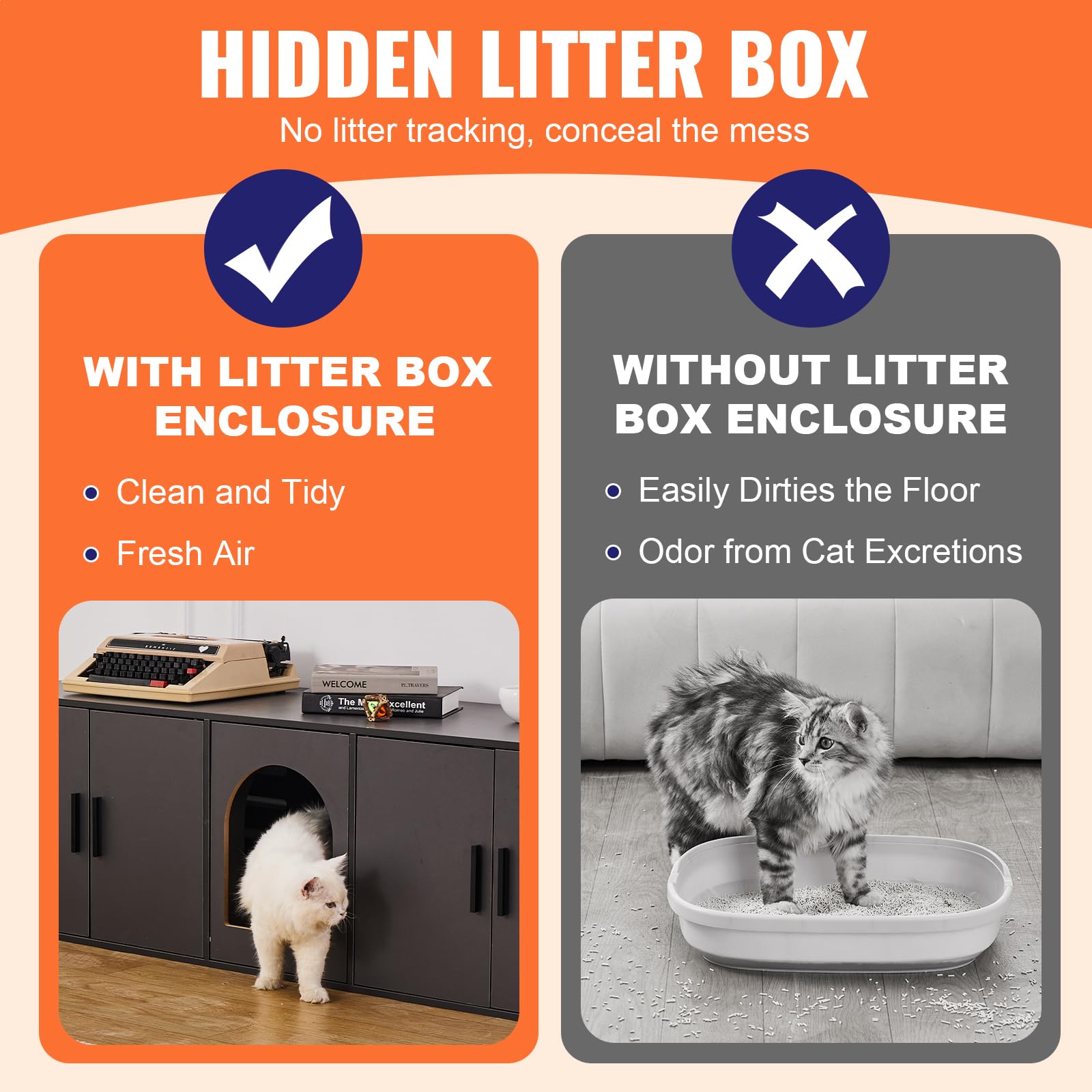 VEVOR Cat Litter Box Enclosure for 2 Cats, Litter Box Furniture Hidden with Double Rooms, Wooden Cat Box Cabinet Fit Most of Lit